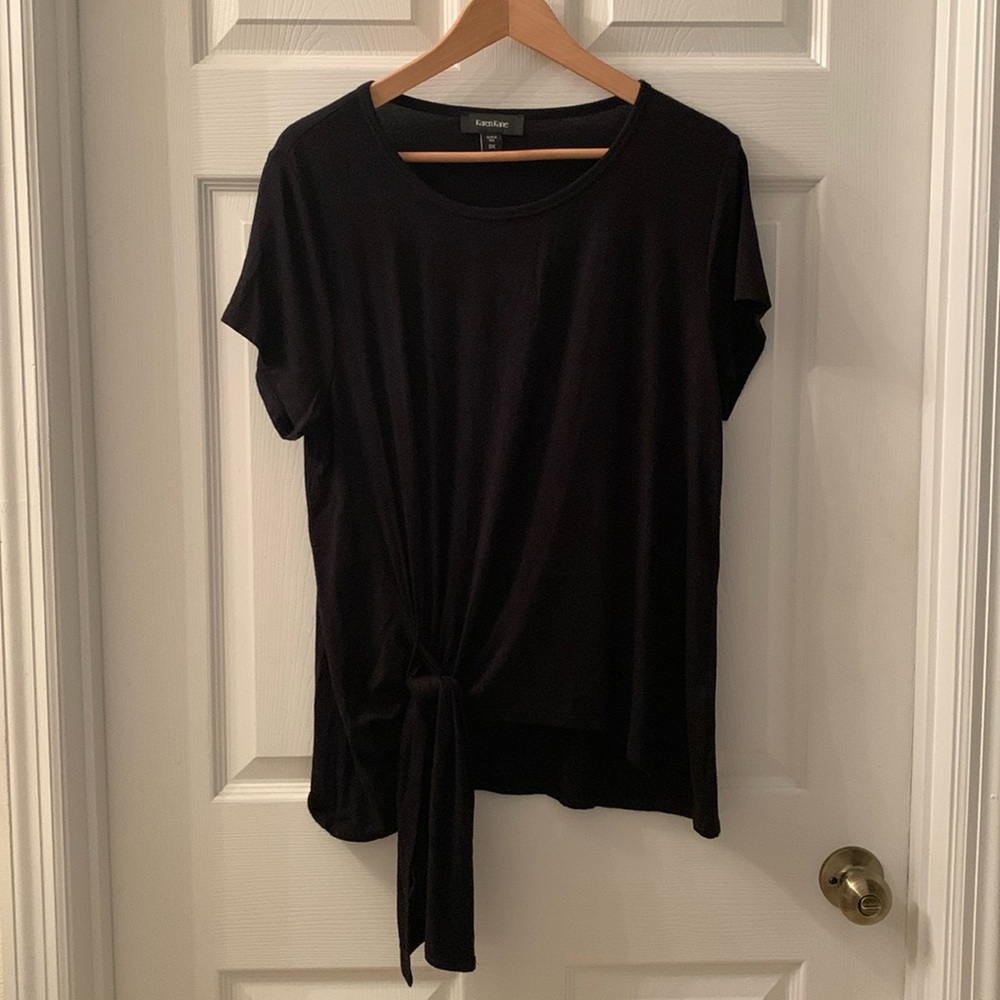 Karen Kane Top Black Rayon and Spandex Asymmetrical Hem with Tie Detail 0X